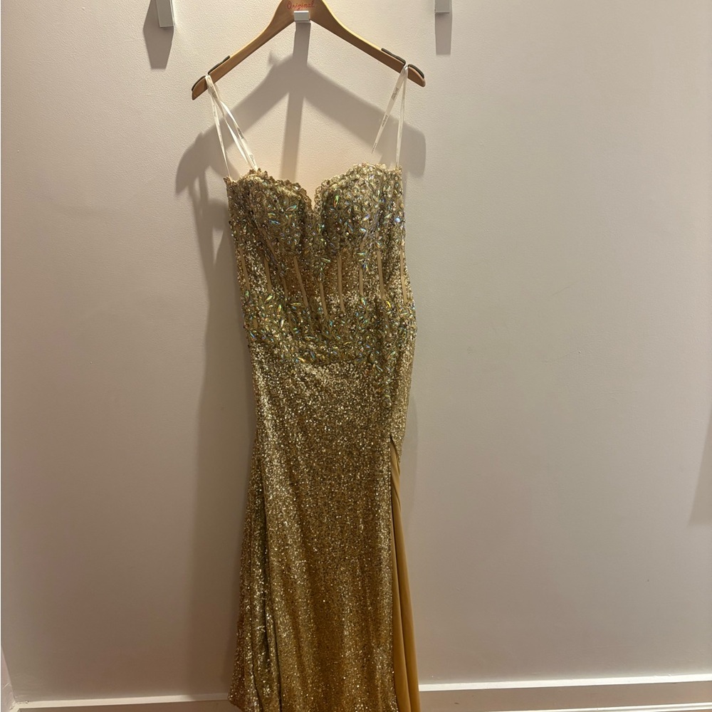 Tony Bowls Gold Sequin Beaded Spaghetti Strap Gown